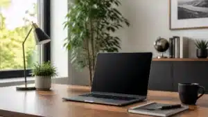 Laptop on a wooden desk in a bright workspace, with a black lamp, potted plant, cup, notebook, and shelves in the background