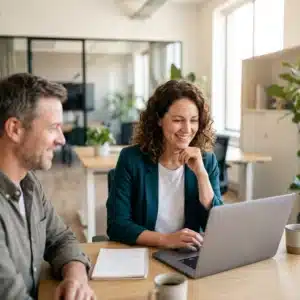 Two colleagues sit at a wooden table in a bright office, smiling at a laptop; a notebook and coffee cups are nearby.