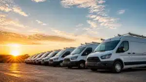 Row of white delivery vans with roof racks parked in a line at sunrise, stretching toward the horizon.