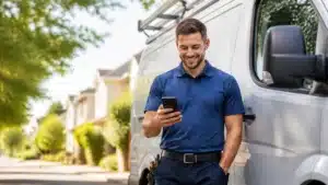 Smiling technician in a blue polo leans on a white service van and checks his smartphone on a sunny residential street