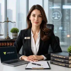 Professional woman in a black blazer at a law-office desk with legal books and a laptop displaying a branding logo, ready to assist clients.