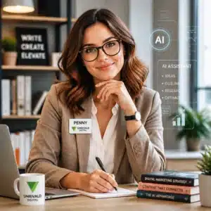 Professional woman with glasses sits at a desk, writing in a notebook as AI interface graphics hover to her right.