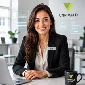Professional woman with name tag Eva at a desk, smiling, with AI and 'Unrivald Digital' branding in the background.