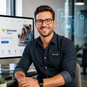 Smiling man with glasses and a Walter name badge sits at a desk, monitor shows Unrivald Digital and a glowing AI assistant hologram.