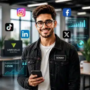 Young man in a denim jacket holds a smartphone while floating social icons (Instagram, TikTok, LinkedIn, Facebook) surround him, with marketing graphics nearby.